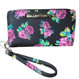 NWT Betsey Johnson Black Floral Zip Wristlet Wallet Size OS